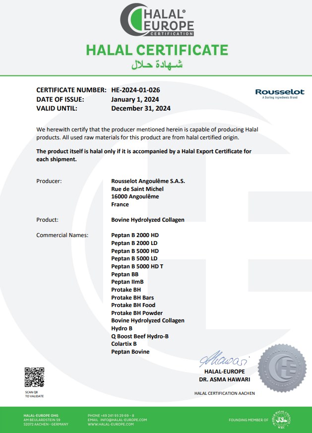 Certificat Halal Peptan bovin